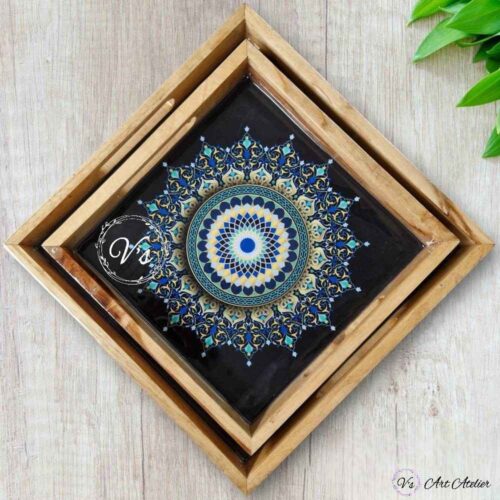 Black Mandala Teakwood Printed Tray – Set of 2