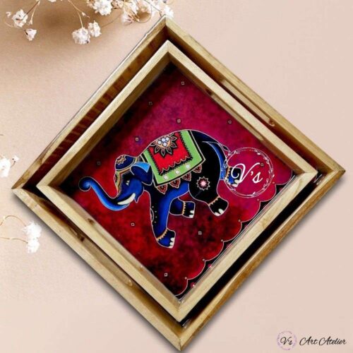 Blue Elephant Teakwood Printed Tray – Set of 2