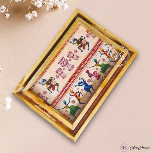 Tribal Dance Printed Teakwood Tray – Set of 2
