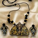 Hand Painted Dhokra Durga Maa Pendant Earring Set