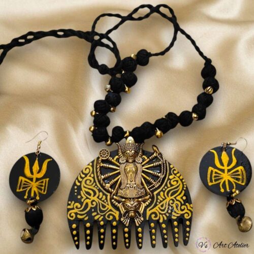 Hand Painted Dhokra Maa Durga Pendant Earring Set