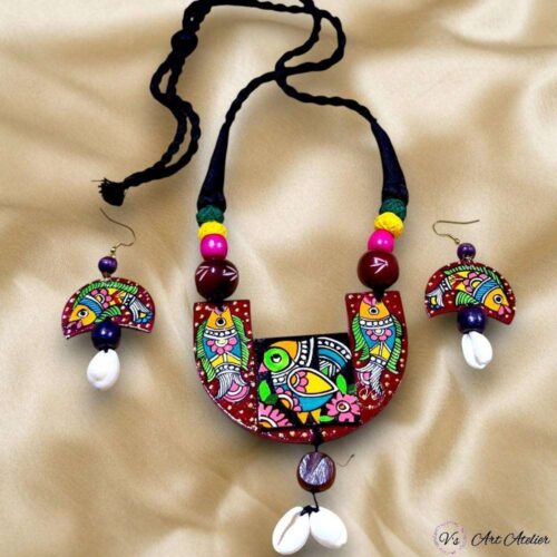 Hand Painted Fish Madhubani Pendant Earring Set