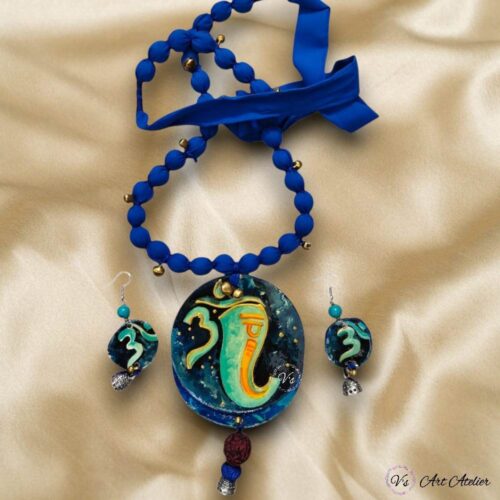 Hand Painted Ganesha Pendant Earring Set