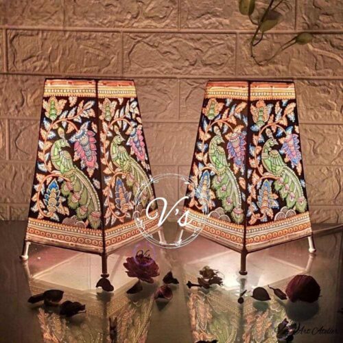 Hand Painted Oriental Peacock Table Top Lamp Set of 2 - 9 Inches