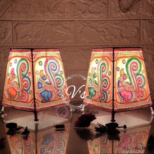Hand Painted Tholu Peacock Table Top Lamp Set of 2 - 6 Inches