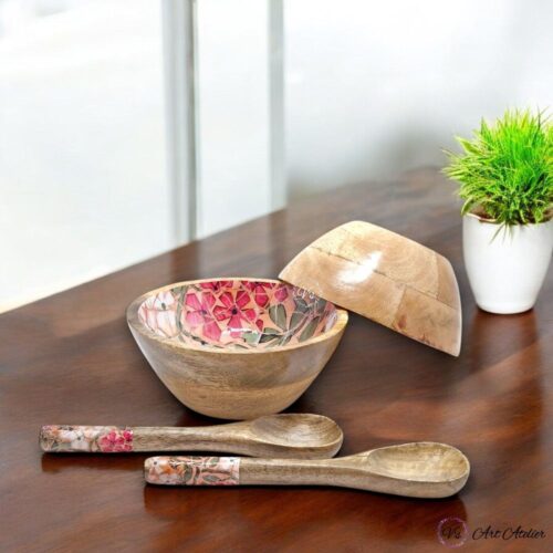 Handcrafted Mangowood Floral Mosaic Snacks Bowls – Set of 2