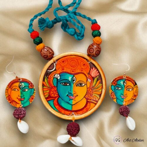 Hand Painted Kerala Mural Pendant Earring Set