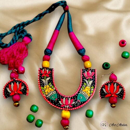 Hand Painted Lotus Madhubani Pendant Earring Set