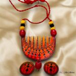 Hand Painted Orange Warli Pendant Earring Set