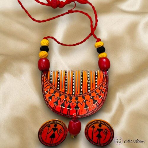 Hand Painted Orange Warli Pendant Earring Set