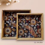 Kalamkari Peacock Teakwood Printed Tray – Set of 2 - Image 4