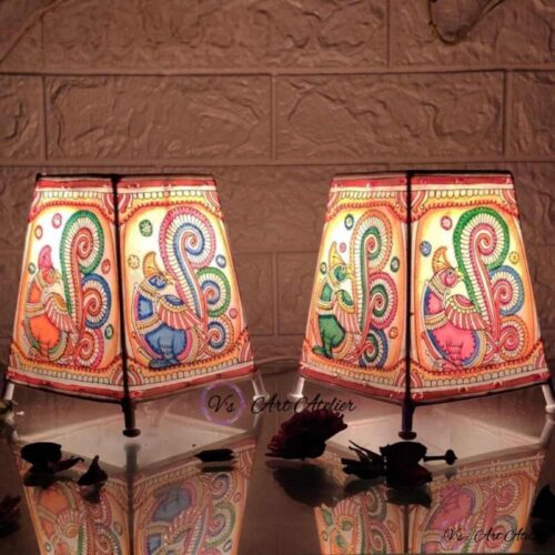 Hand Painted Tholu Peacock Table Top Lamp Set of 2 - 6 Inches