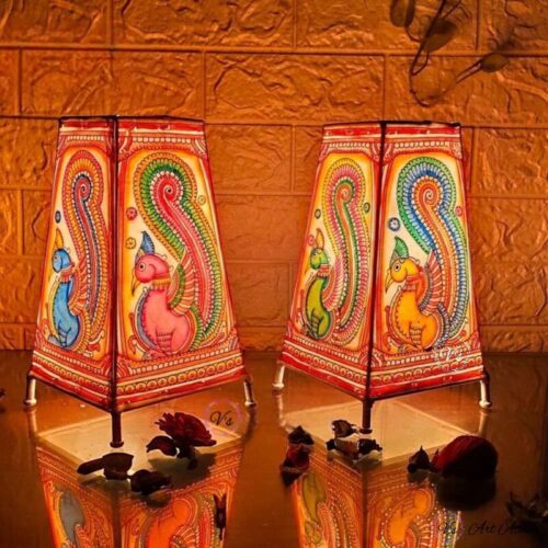 Hand Painted Traditional Peacock Table Top Lamp Set of 2 - 9 Inches