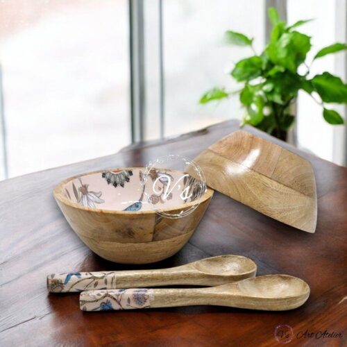 Handcrafted Mangowood Vintage Floral Snacks Bowls– Set of 2