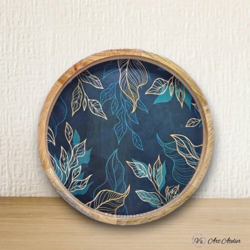 Mango Wood Green Leaves Round Tray 14 Inches - Single