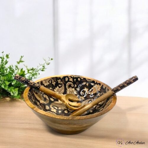 Handcrafted Mangowood Black Paisley salad Bowl Set - Single
