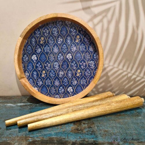 Mango Wood Navy Botanical Side Table - Single
