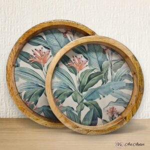 Close-up of artisan round wooden serving tray