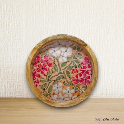 Mango Wood Floral Mosaic Round Trays - 12 Inches
