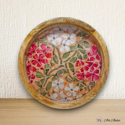 Mango Wood Floral Mosaic Round Tray 14 Inches - Single