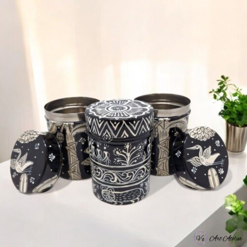 Hand Painted Pattachitra Tribal Metal Jars - Set of 3 (M)