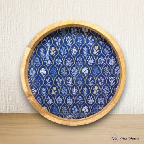 Mango Wood Navy Botanical Round Tray 14 Inches - Single