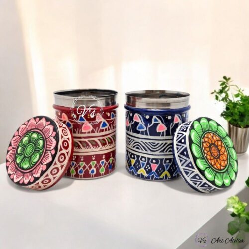 Hand Painted Pattachitra Tribal Metal Jars - Set of 2 (S)