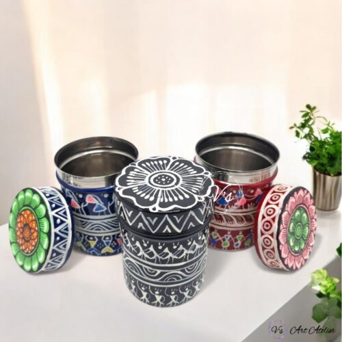 Hand Painted Pattachitra Tribal Metal Jars - Set of 3 (S)