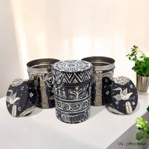 Hand Painted Pattachitra Tribal Metal Jars - Set of 3 (M)