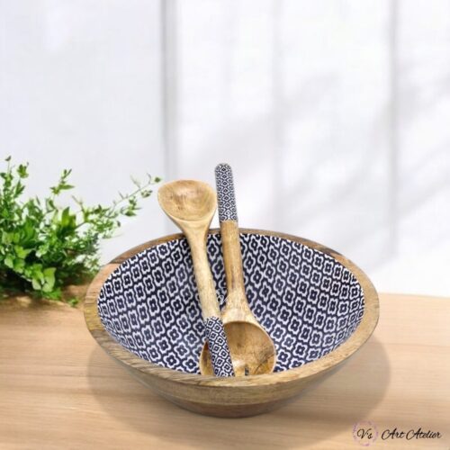 Handcrafted Mangowood Sambhal Blue Salad Bowl Set - Single