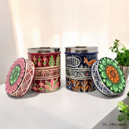 Hand Painted Pattachitra Tribal Metal Jars - Set of 2 (L)