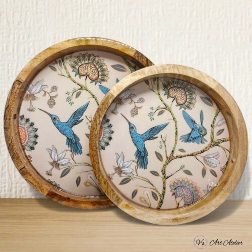 Mango Wood Vintage Floral Round Trays (14" and 12") - Set of 2