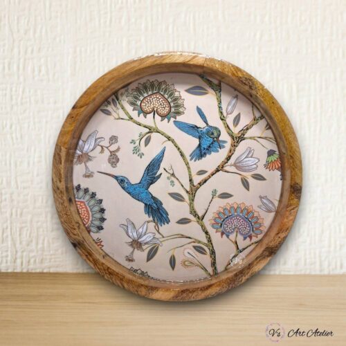 Mango Wood Vintage Floral Round Tray 14 Inches - Single