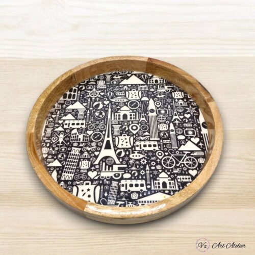 Mango Wood World Doodle Round Tray 14 Inches - Single