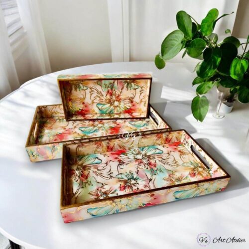 Abstract Flower Printed Rectangle Tray – Set of 3