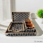 Wooden rectangular tray used for bathroom essentials