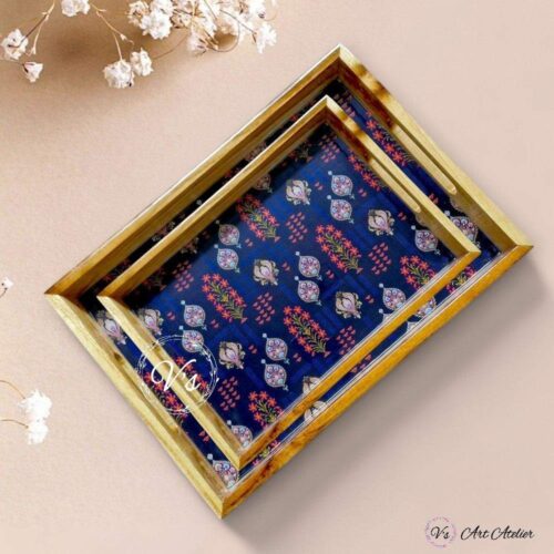 Blue Fabric Printed Teakwood Tray – Set of 2