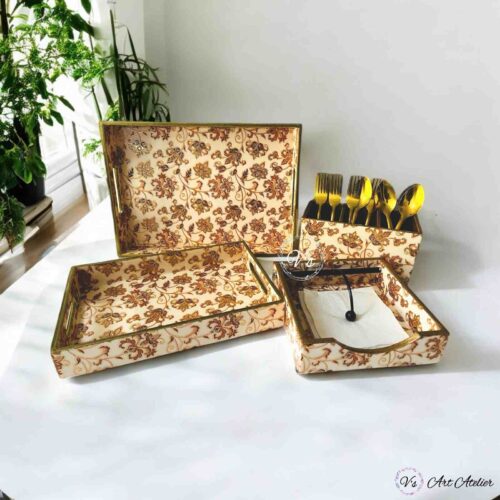 Kashmiri Elegance Gold Foiled Tray Combo - Set of 4