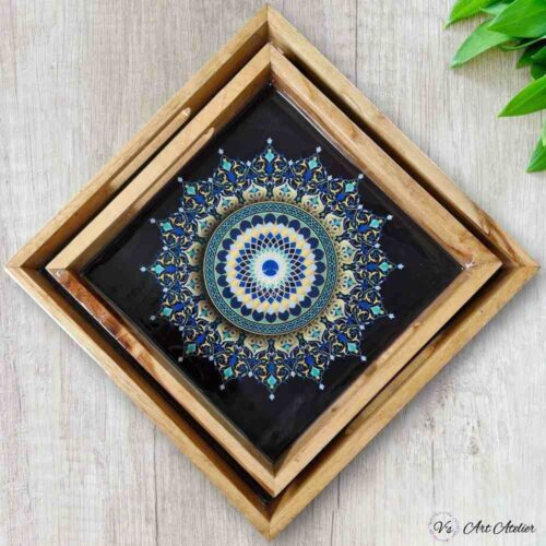 Black Mandala Teakwood Printed Tray – Set of 2