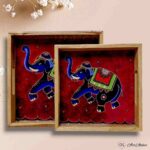 Blue Elephant Teakwood Printed Tray – Set of 2 - Image 2