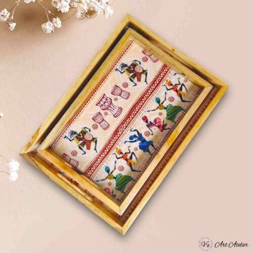 Tribal Dance Printed Teakwood Tray – Set of 2