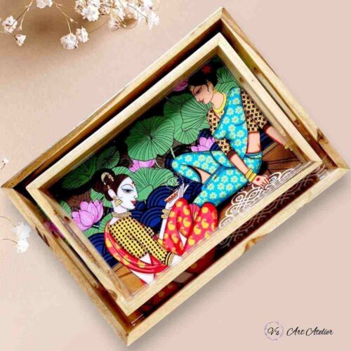Indian Women Teakwood Printed Tray – Set of 2