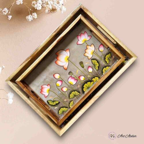 Lotus Teakwood Printed Tray – Set of 2