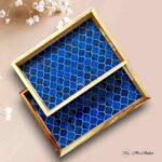 Moroccan Blue Teakwood Printed Tray – Set of 2 - Image 2