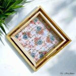 Vintage Gold Teakwood Printed Tray – Set of 2