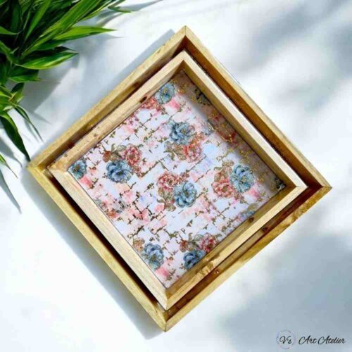 Vintage Gold Teakwood Printed Tray – Set of 2