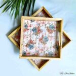 Vintage Gold Teakwood Printed Tray – Set of 2 - Image 2