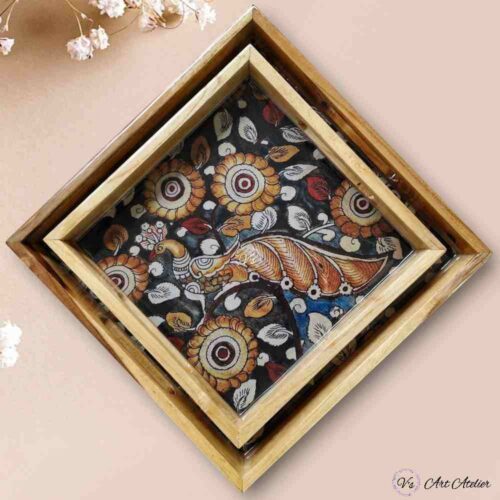 Kalamkari Peacock Teakwood Printed Tray – Set of 2