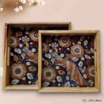 Kalamkari Peacock Teakwood Printed Tray – Set of 2 - Image 3