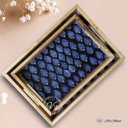 Indigo Leaves Teakwood Printed Tray – Set of 2